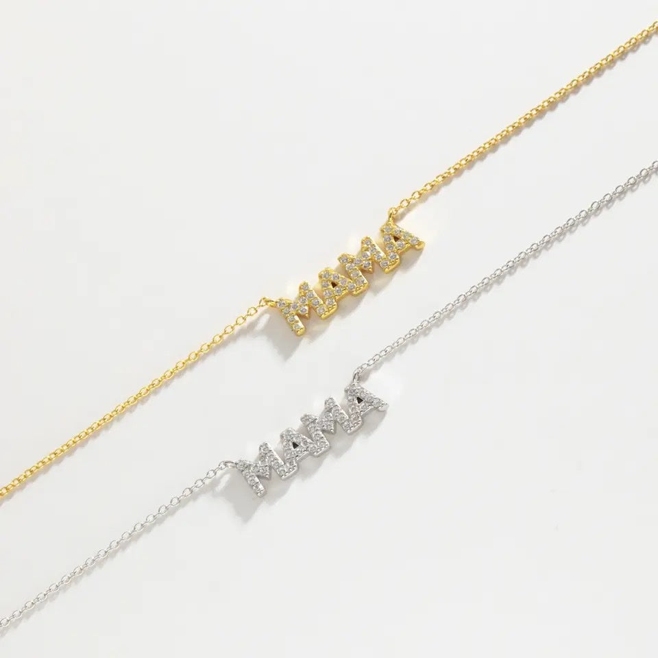 Ατσάλινο Κολιέ Μαμά - Strassy Mama Necklace (χρυσό, ασημί)