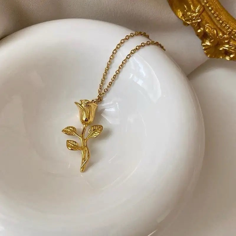 Ατσάλινο Κολιέ Με Τριαντάφυλλο - Rose Necklace ( χρυσό, ασημί)