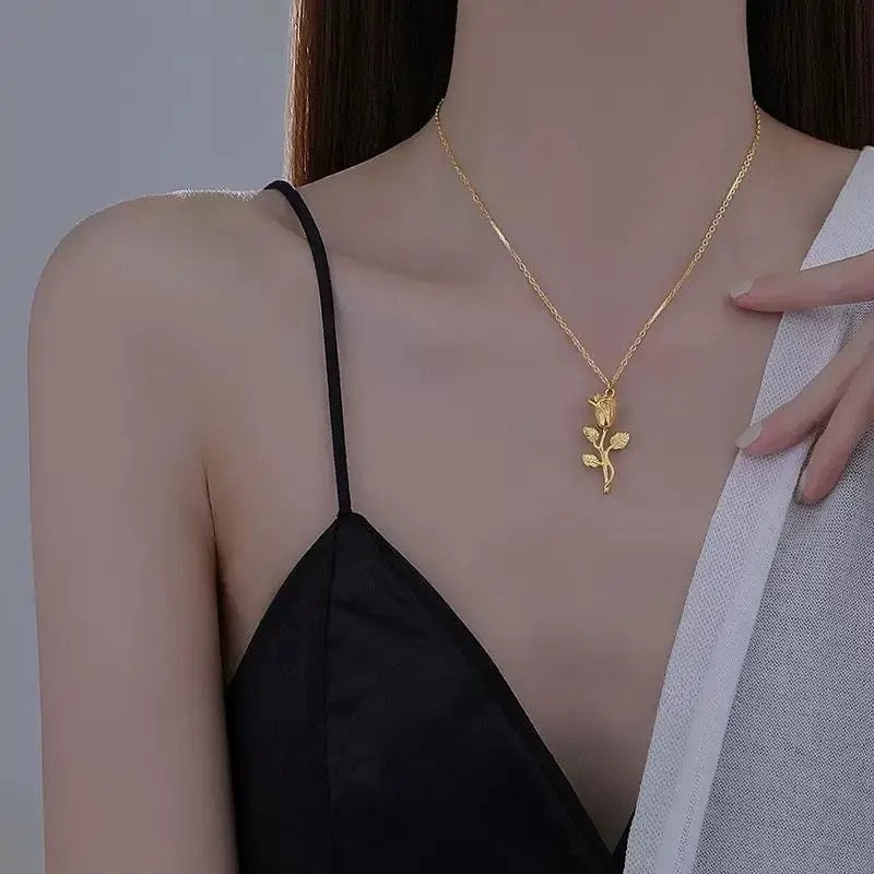 Ατσάλινο Κολιέ Με Τριαντάφυλλο - Rose Necklace ( χρυσό, ασημί)