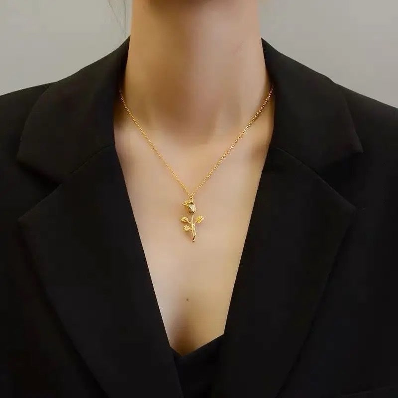Ατσάλινο Κολιέ Με Τριαντάφυλλο - Rose Necklace ( χρυσό, ασημί)