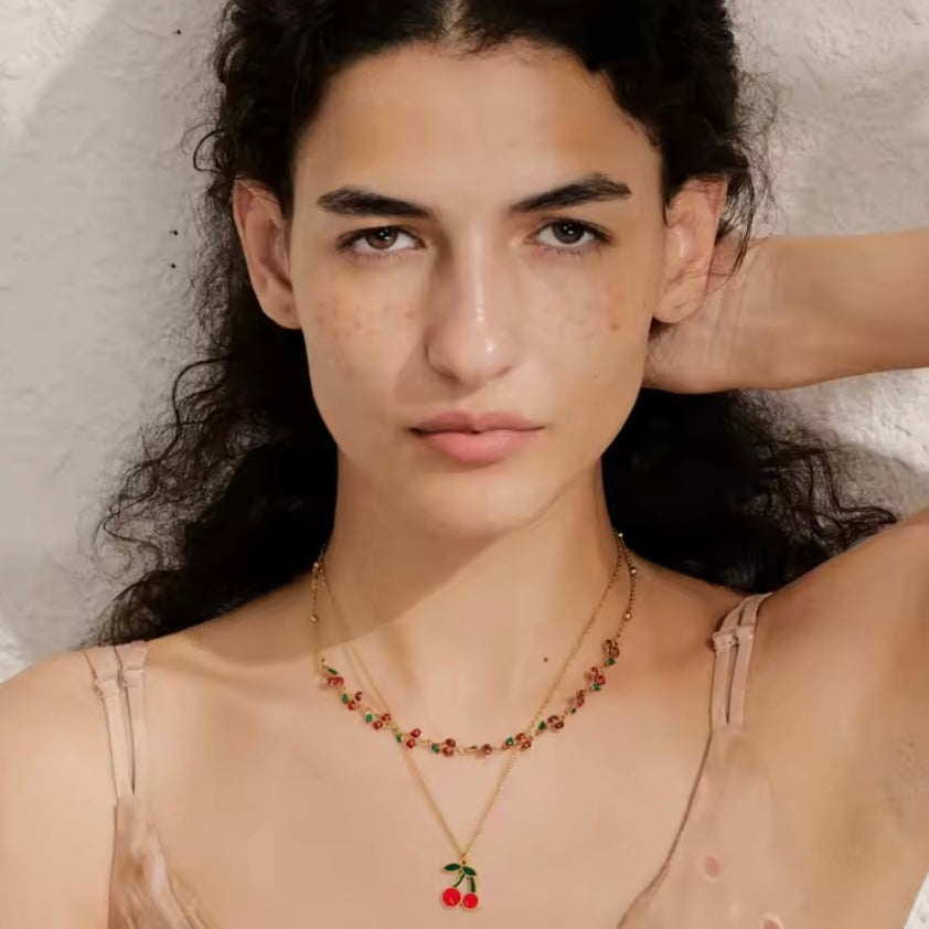 Γυναικείο Ατσάλινο Κολιέ - Double Cherries Necklace