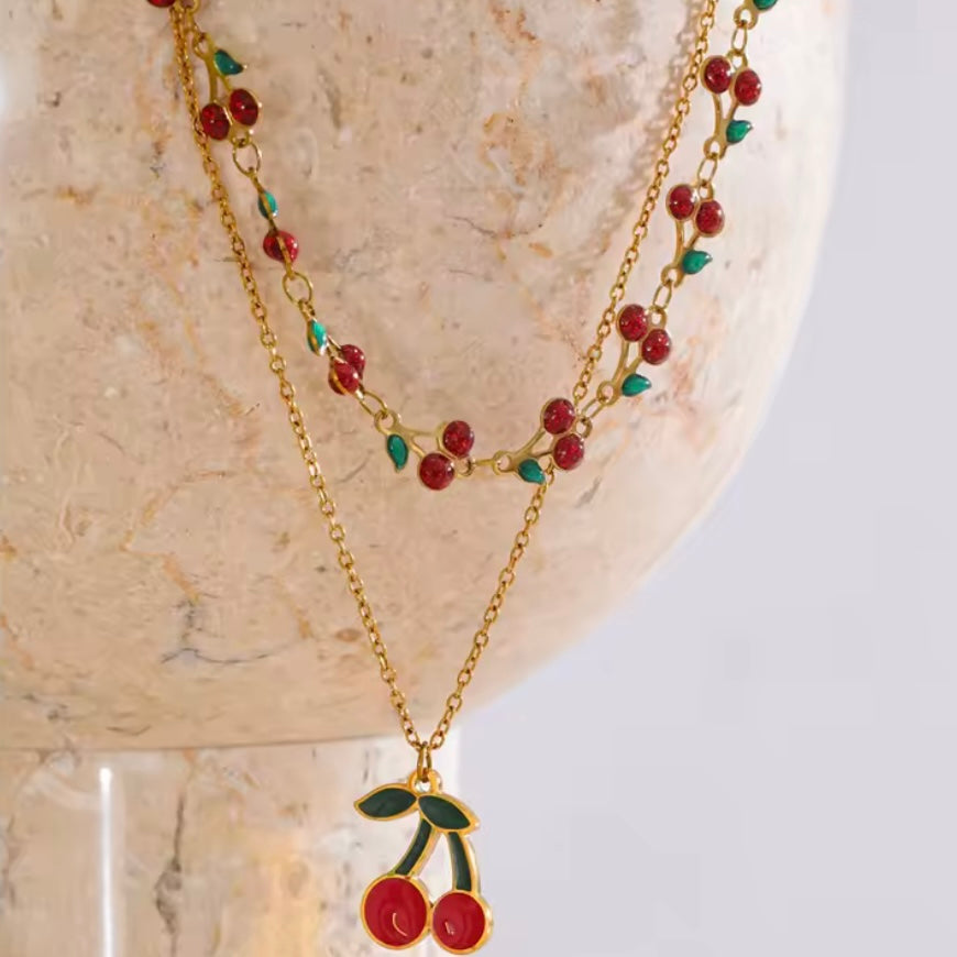 Γυναικείο Ατσάλινο Κολιέ - Double Cherries Necklace