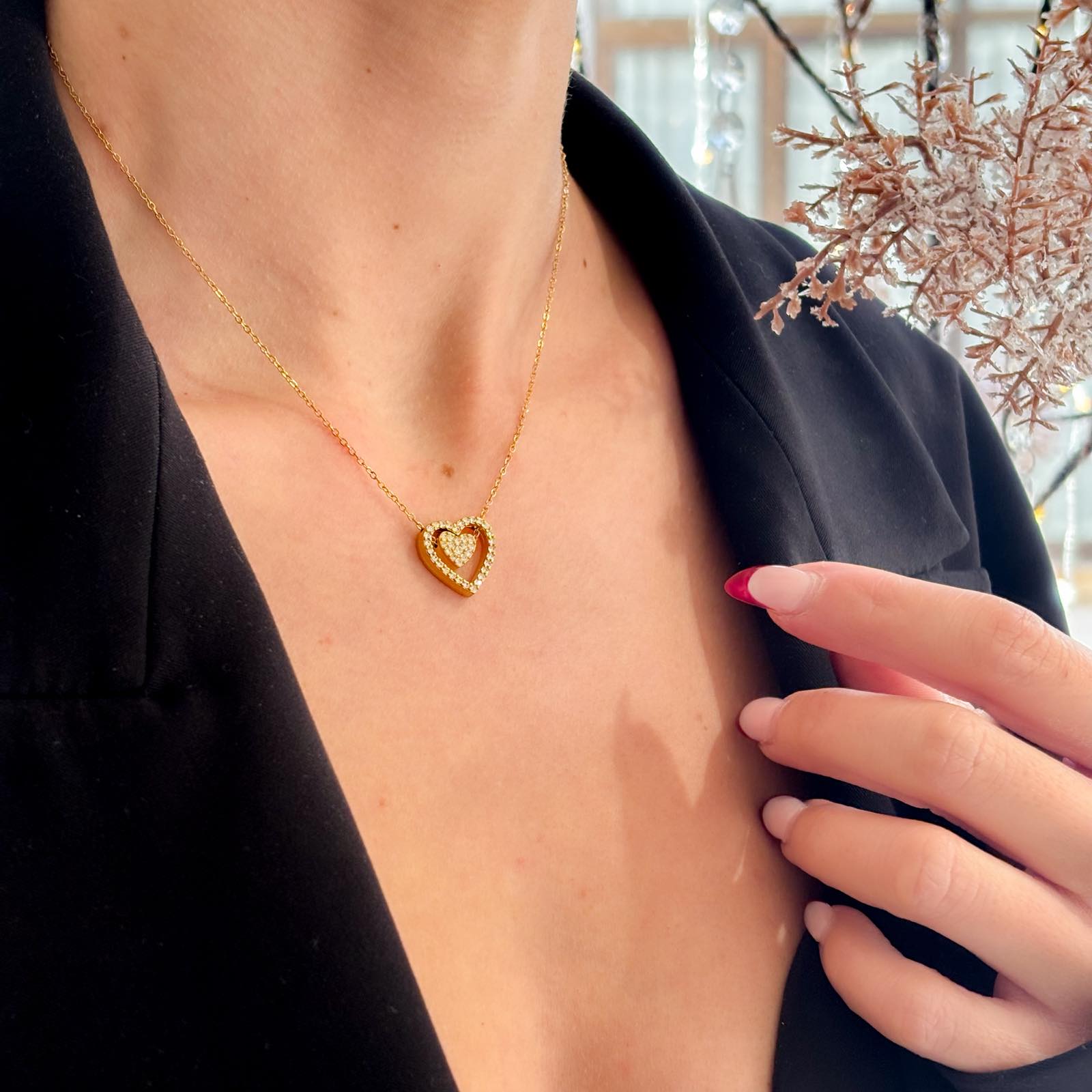 Ατσάλινο Κολιέ Με Καρδιά - Double Heart Necklace (χρυσό, ασημί)