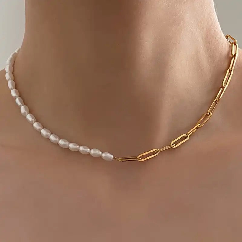 Ατσάλινο Κολιέ Με Πέρλες - Pearl Chain (χρυσό, ασημί)