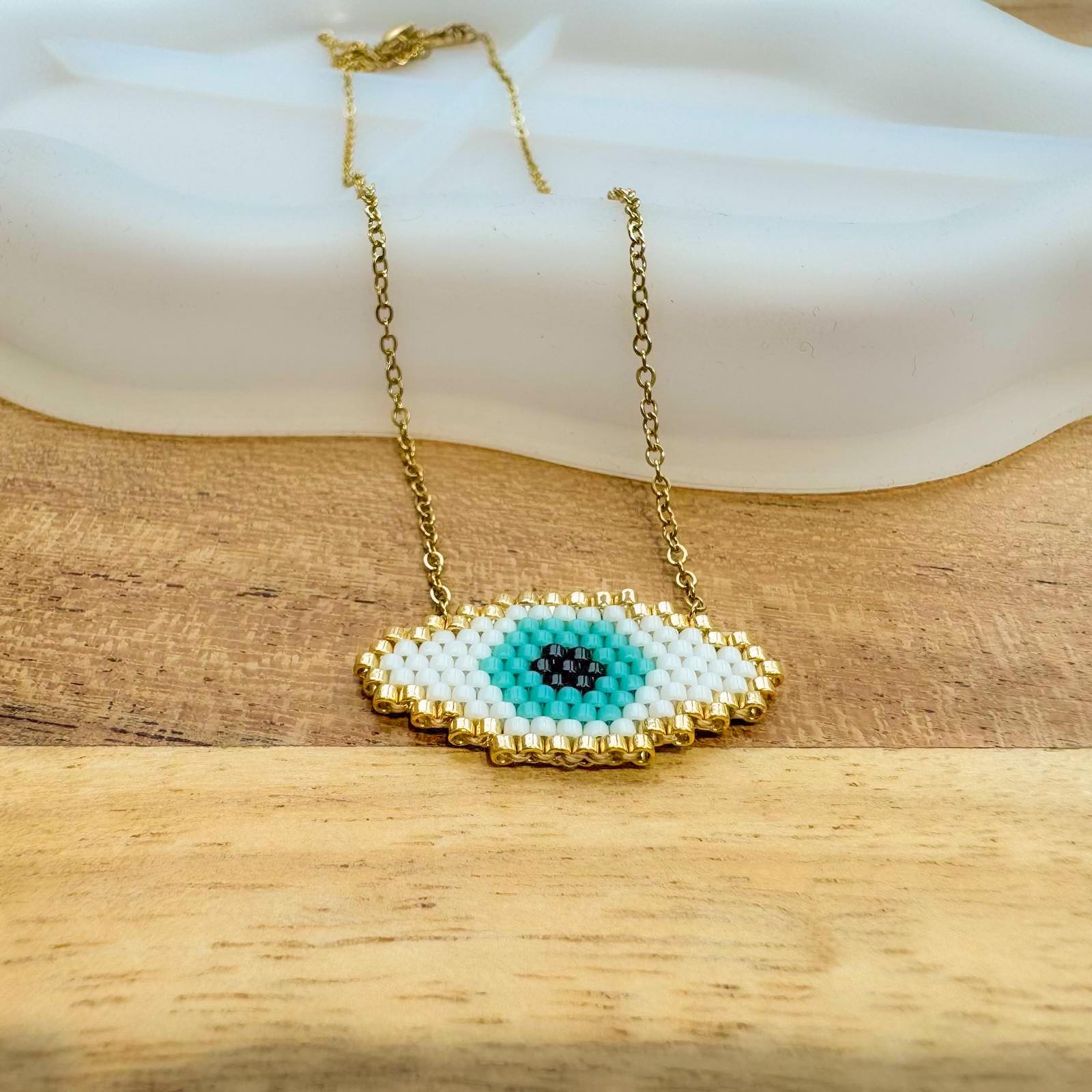 Ατσάλινο Μακραμέ Κολιέ - Macrame White Eye Necklace