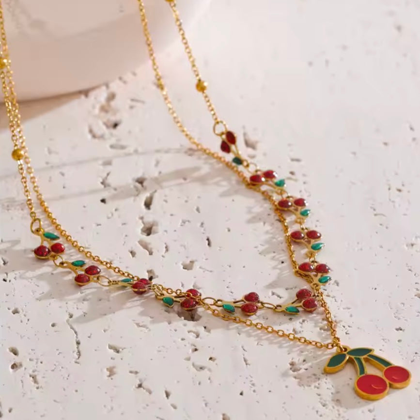 Γυναικείο Ατσάλινο Κολιέ - Double Cherries Necklace