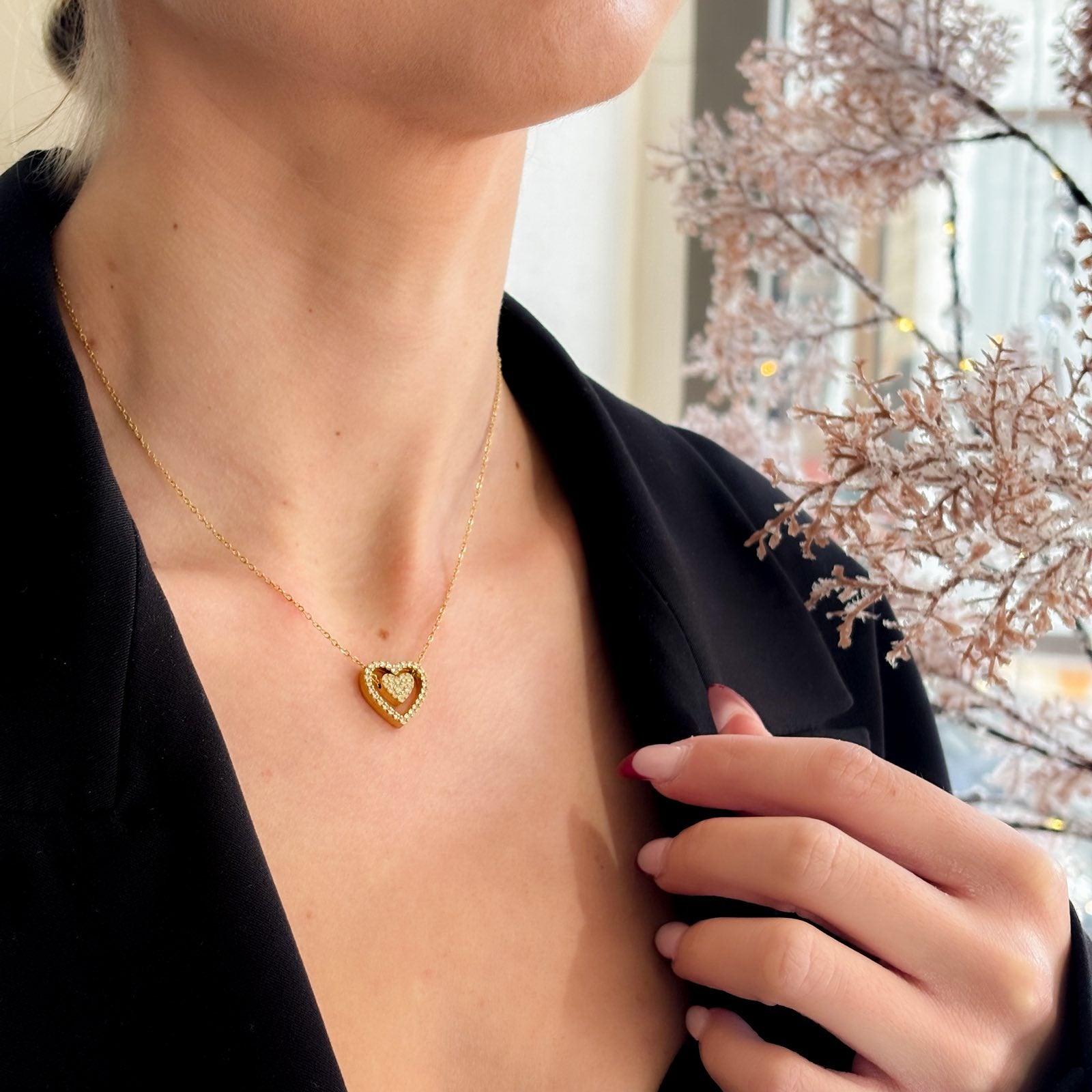 Ατσάλινο Κολιέ Με Καρδιά - Double Heart Necklace (χρυσό, ασημί)