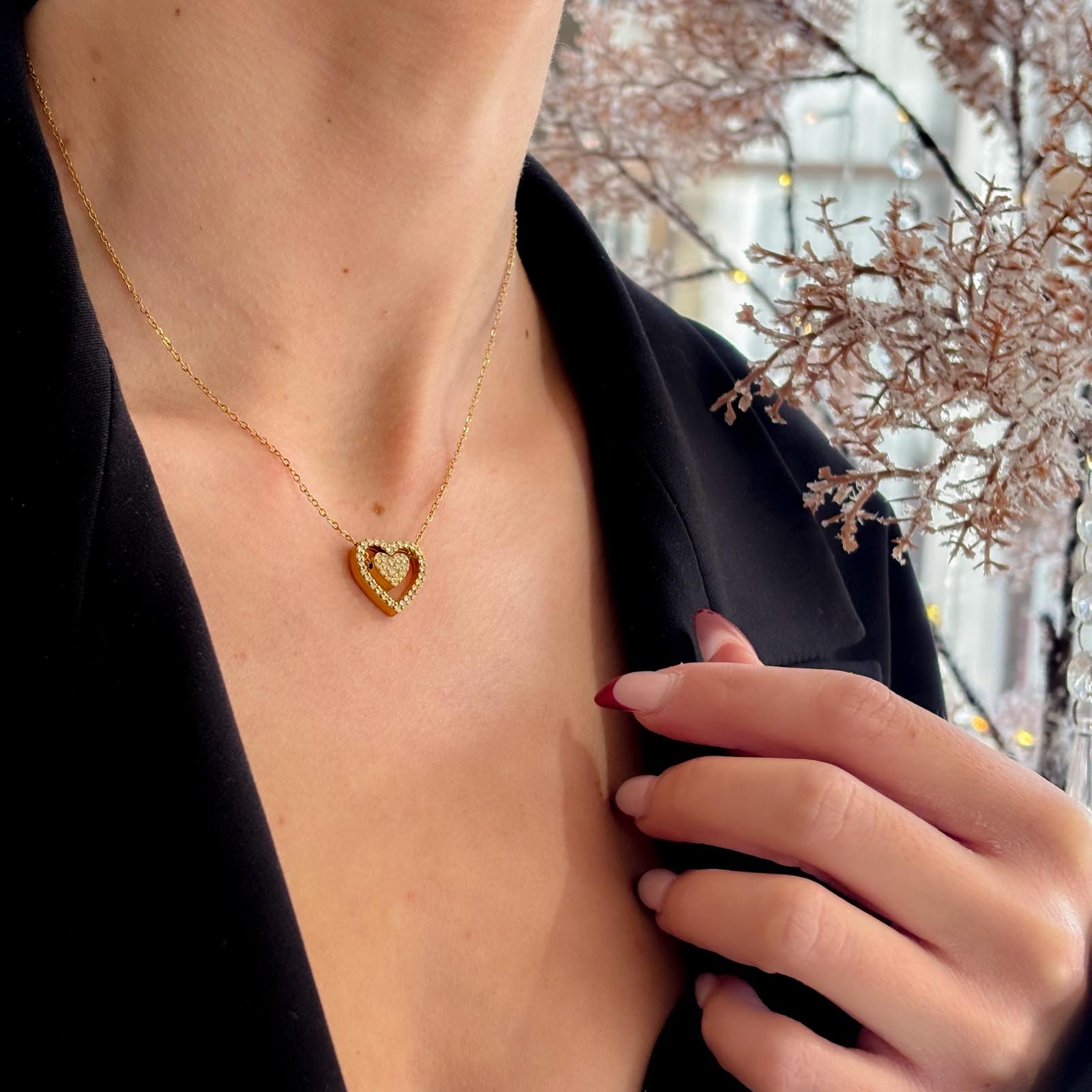 Ατσάλινο Κολιέ Με Καρδιά - Double Heart Necklace (χρυσό, ασημί)